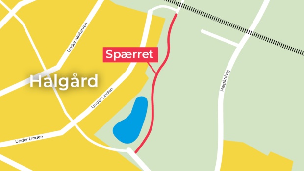 Kort over afspærring af cykelsti langs Halgård Bæk i perioden 6. maj til 31. august 2024.