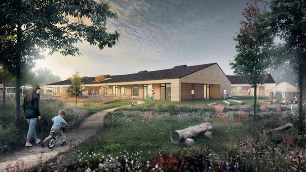 Den nye daginstitution i Halgård er efter planen klar til, at børnene kan rykke ind fra 1. august 2025. Illustration: Arkitektfirmaet Frost Larsen.