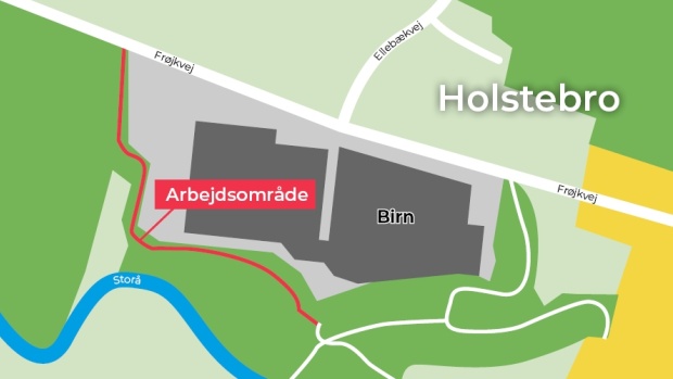Kort over afspærring af Hjertestien langs Birn ved Frøjkvej fremtil september 2024.