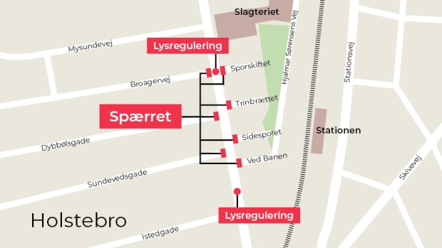 Kortet viser, hvor der bliver arbejdet på Struervej, og hvilke sideveje der bliver spærret.